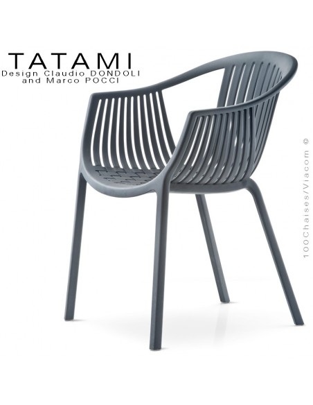 Fauteuil TATAMI, structure plastique couleur gris foncé, assise effet tressé - Lot de 4 pièces.