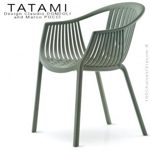 Fauteuil TATAMI, structure plastique couleur vert foncé ou kaki, assise effet tressé - Lot de 4 pièces.