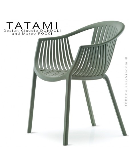 Fauteuil TATAMI, structure plastique couleur vert foncé ou kaki, assise effet tressé - Lot de 4 pièces.