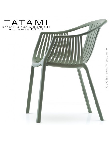 Fauteuil TATAMI, structure plastique couleur vert foncé ou kaki, assise effet tressé - Lot de 4 pièces.