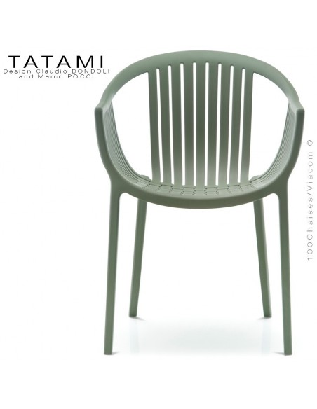 Fauteuil TATAMI, structure plastique couleur vert foncé ou kaki, assise effet tressé - Lot de 4 pièces.