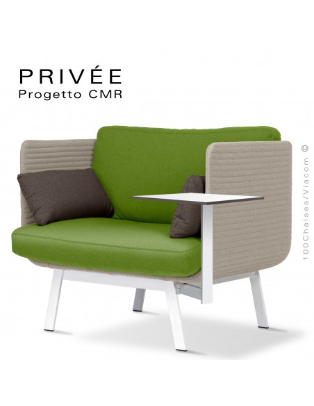 Fauteuil lounge collection PRIVÉE, structure blanche, assise 542, dossier 535 avec tablette.