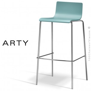 Tabouret de bar ou cuisine ARTY, assise bois peint bleu, piétement peint argent-gris ou acier chromé.