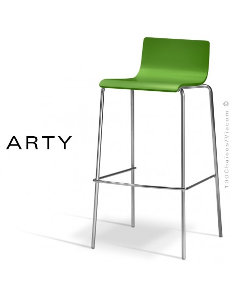 Tabouret de bar ou cuisine ARTY, assise bois peint vert, piétement peint argent-gris ou acier chromé.