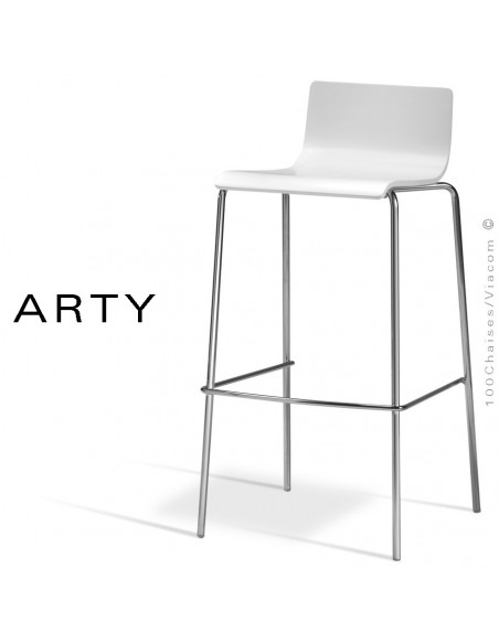 Tabouret de bar ou cuisine ARTY, assise bois peint blanc, piétement peint argent-gris ou acier chromé.