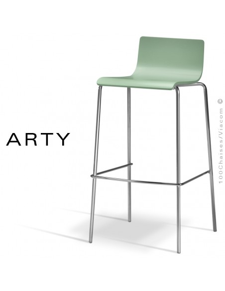 Tabouret de bar ou cuisine ARTY, assise bois peint vert pastel, piétement peint argent-gris ou acier chromé.