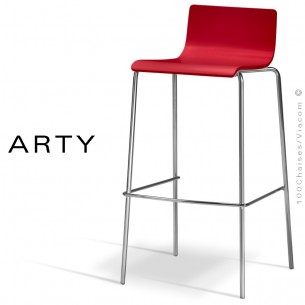 Tabouret de bar ou cuisine ARTY, assise bois peint rouge, piétement peint argent-gris ou acier chromé.