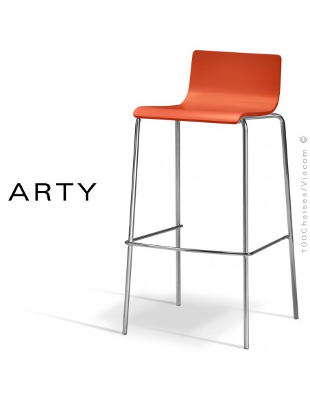 Tabouret de bar ou cuisine ARTY, assise bois peint orange, piétement peint argent-gris ou acier chromé.