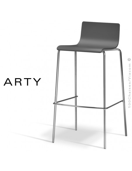 Tabouret de bar ou cuisine ARTY, assise bois peint gris foncé-anthracite, piétement peint argent-gris ou acier chromé.