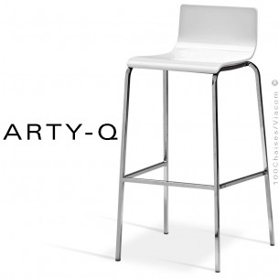 Tabouret ARTY-Q, assise bois peint blanc, piétement peint RAL-9006 ou acier chromé.