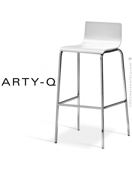 Tabouret ARTY-Q, assise bois peint blanc, piétement peint RAL-9006 ou acier chromé.
