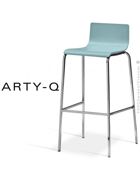 Tabouret ARTY-Q, assise bois peint bleu clair, piétement peint RAL-9006 ou acier chromé.