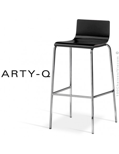 Tabouret ARTY-Q, assise bois peint noir, piétement peint RAL-9006 ou acier chromé.