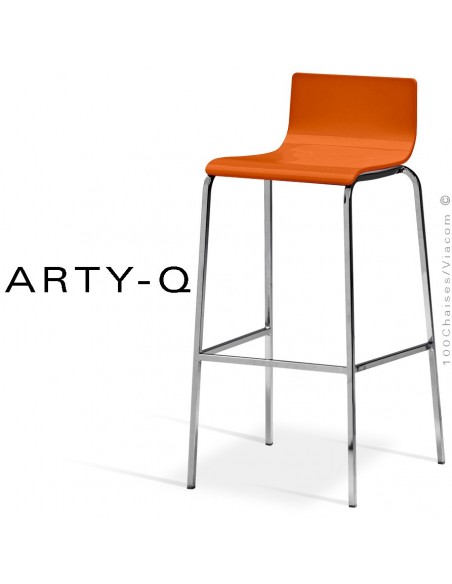 Tabouret ARTY-Q, assise bois peint orange, piétement peint RAL-9006 ou acier chromé.