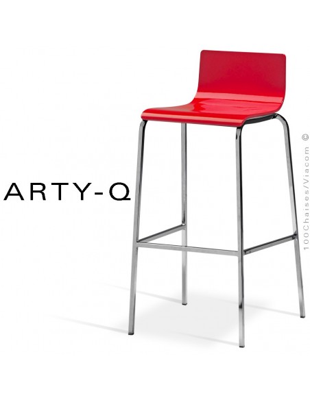 Tabouret ARTY-Q, assise bois peint rouge, piétement peint RAL-9006 ou acier chromé.