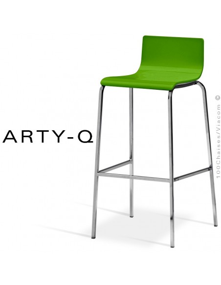 Tabouret ARTY-Q, assise bois peint vert, piétement peint RAL-9006 ou acier chromé.