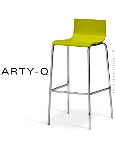 Tabouret ARTY-Q, assise bois peint vert pistache, piétement peint RAL-9006 ou acier chromé.