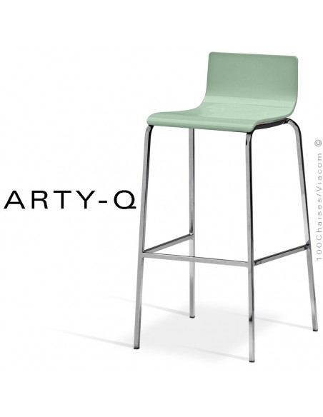 Tabouret ARTY-Q, assise bois peint vert pastel, piétement peint RAL-9006 ou acier chromé.
