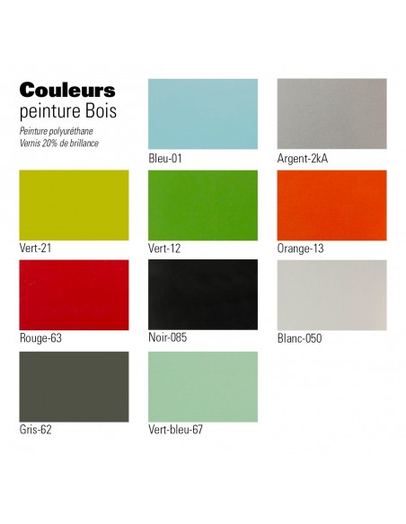 Palette couleur pour assise tabouret ARTY-Q, assise bois peint, piétement peint RAL-9006 ou acier chromé.