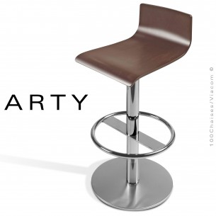 Tabouret ARTY, assise bois de hêtre vernis noyer moyen, piétement colonne centrale chromé.
