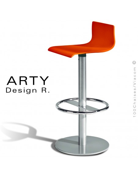 Tabouret ARTY, assise bois de hêtre peint orange, piétement colonne centrale acier chromé.