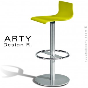Tabouret ARTY, assise bois de hêtre peint pistache, piétement colonne centrale acier chromé.