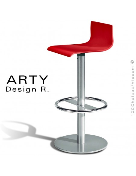 Tabouret ARTY, assise bois de hêtre peint rouge, piétement colonne centrale acier chromé.