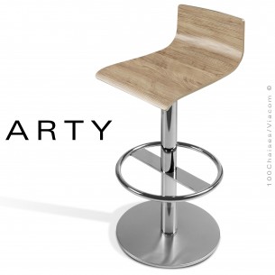Tabouret de bar ou cuisine ARTY, assise stratifié chêne clair C-133, piétement colonne centrale acier chromé. 