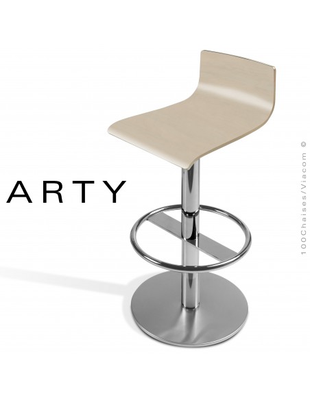 Tabouret de bar ou cuisine ARTY, assise stratifié érable blanchi D-021, piétement colonne centrale acier chromé.