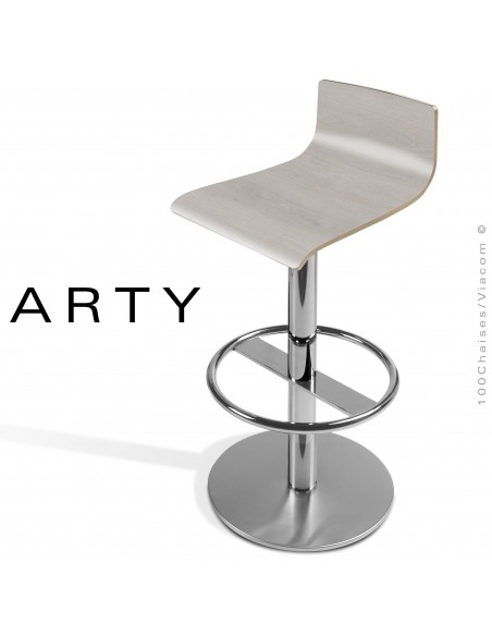 Tabouret de bar ou cuisine ARTY, assise stratifié chêne gris W-009, piétement colonne centrale acier chromé.