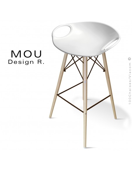 Tabouret de bar MOU-SW75 assise coque plastique blanche, piétement bois hêtre blanchi.