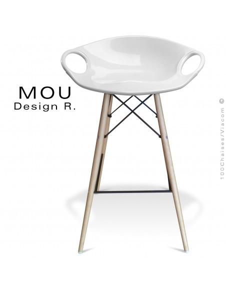 Tabouret de bar MOU-SW75 assise coque plastique blanche, piétement bois hêtre blanchi.