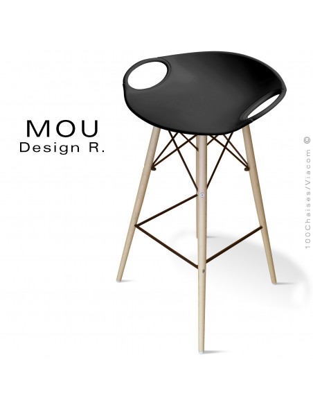 Tabouret de bar MOU-SW75 assise coque plastique noir, piétement bois hêtre blanchi.