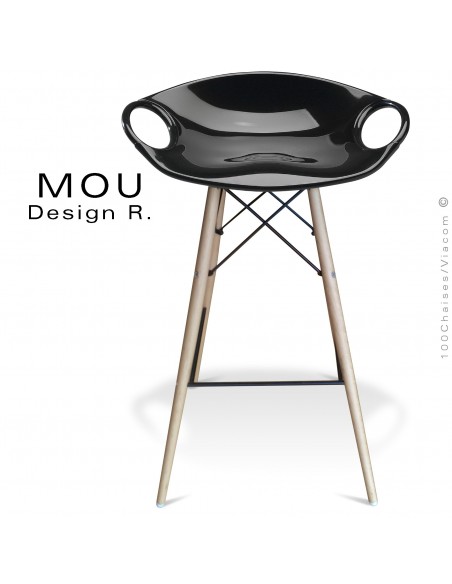 Tabouret de bar MOU-SW75 assise coque plastique noir, piétement bois hêtre blanchi.