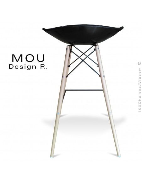 Tabouret de bar MOU-SW75 assise coque plastique noir, piétement bois hêtre blanchi.