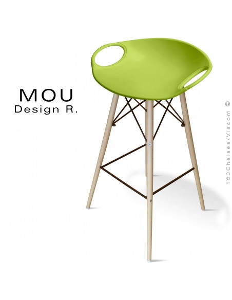 Tabouret de bar MOU-SW75 assise coque plastique vert pistache, piétement bois hêtre blanchi.
