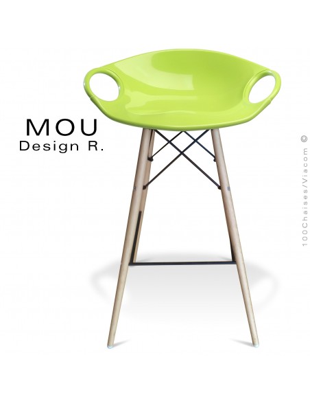 Tabouret de bar MOU-SW75 assise coque plastique vert pistache, piétement bois hêtre blanchi.