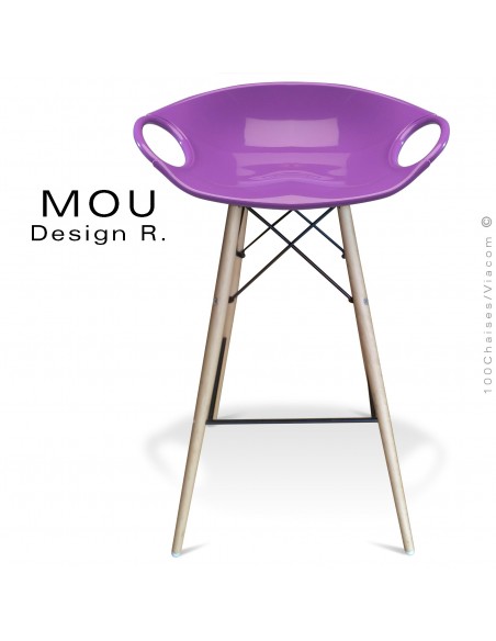 Tabouret de bar MOU-SW75 assise coque plastique violet, piétement bois hêtre blanchi.