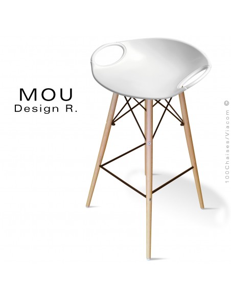 Tabouret de bar MOU-SW75 assise coque plastique blanche, piétement bois hêtre naturel.