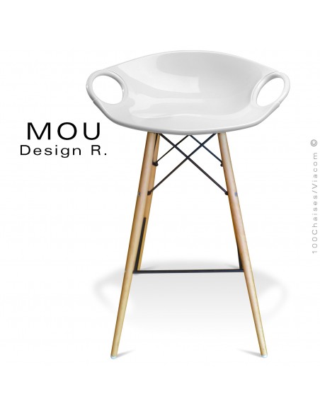 Tabouret de bar MOU-SW75 assise coque plastique blanche, piétement bois hêtre naturel.