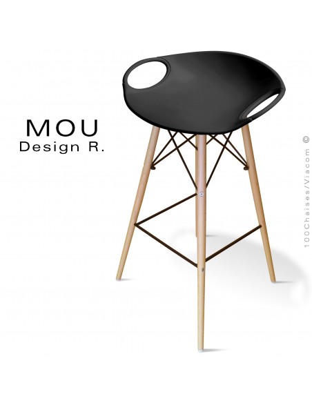 Tabouret de bar MOU-SW75 assise coque plastique noir, piétement bois hêtre naturel.