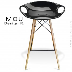 Tabouret de bar MOU-SW75 assise coque plastique noir, piétement bois hêtre naturel.