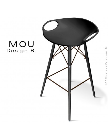 Tabouret de bar MOU-SW75 assise coque plastique noir, piétement bois hêtre teinté Wengé.
