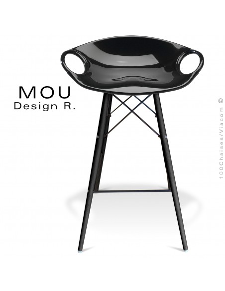 Tabouret de bar MOU-SW75 assise coque plastique noir, piétement bois hêtre teinté Wengé.