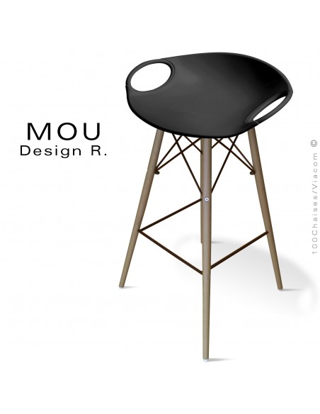 Tabouret de bar MOU-SW75 assise coque plastique noir, piétement bois hêtre vieilli.