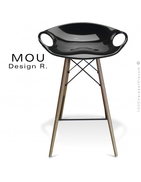 Tabouret de bar MOU-SW75 assise coque plastique noir, piétement bois hêtre vieilli.