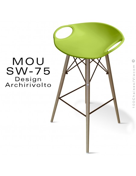 Tabouret de bar MOU-SW75 assise coque plastique vert pistache, piétement bois hêtre vieilli.