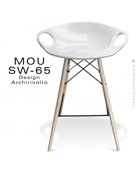 Tabouret de bar MOU-SW65 assise coque plastique blanche, piétement bois hêtre blanchi.