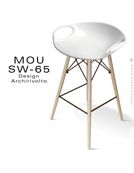 Tabouret de bar MOU-SW65 assise coque plastique blanche, piétement bois hêtre blanchi.