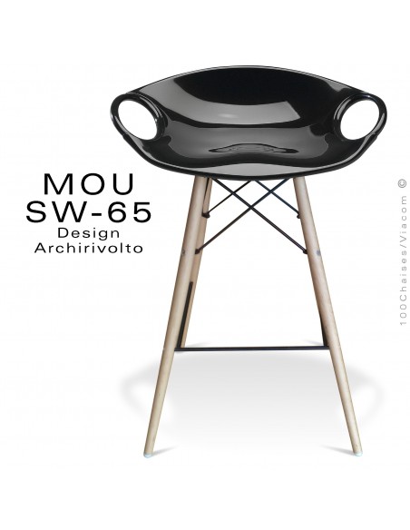 Tabouret de bar MOU-SW65 assise coque plastique noir, piétement bois hêtre blanchi.
